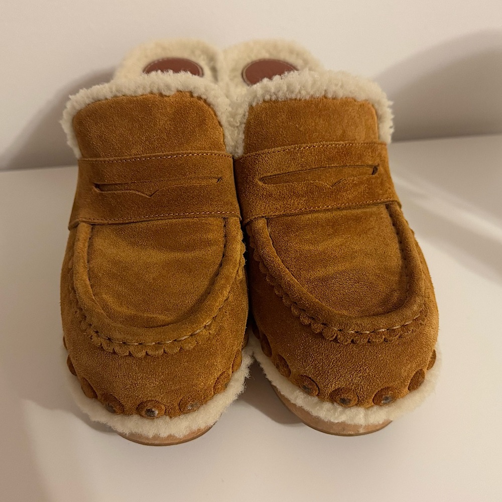 🤎SOLD🤎Chloe Joy Suede & Shearling Caramel Cognac Block Heel Clogs Size 39 EU - Picture 4 of 11